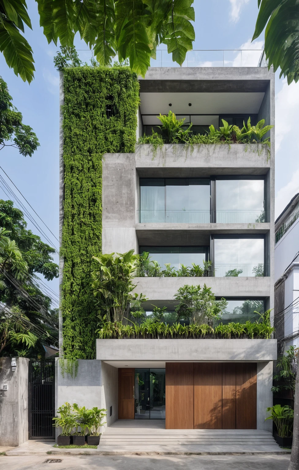 Modern two-story house in Võ Trọng Nghĩa style, concrete facade, extensive use of glass, green plants integrated into balconies and ground level, large windows, big entrance door, minimalist and sustainable design, situated on a street with a sidewalk and trees.
