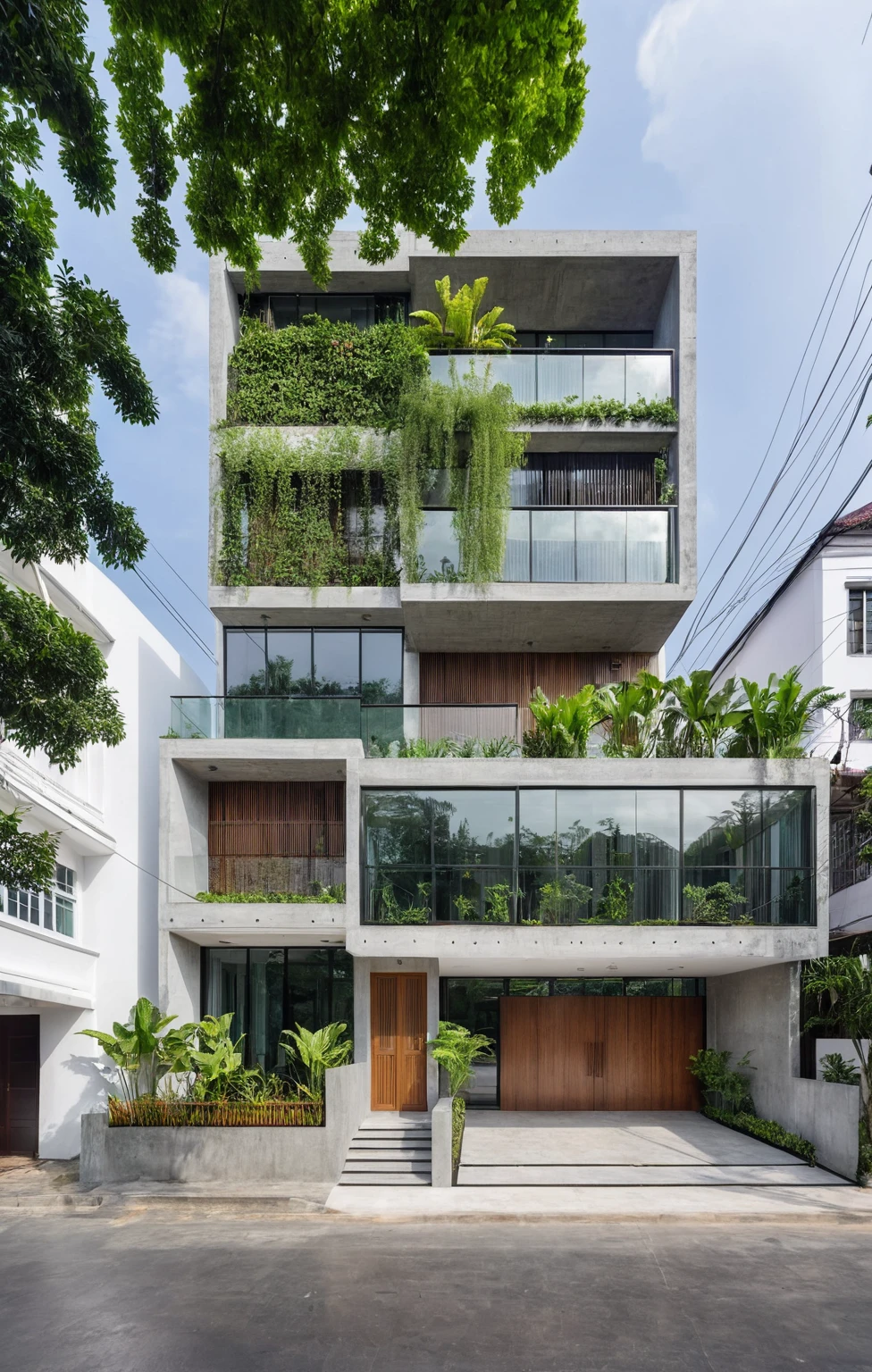 Modern two-story house in Võ Trọng Nghĩa style, concrete facade, extensive use of glass, green plants integrated into balconies and ground level, large windows, big entrance door, minimalist and sustainable design, situated on a street with a sidewalk and trees.