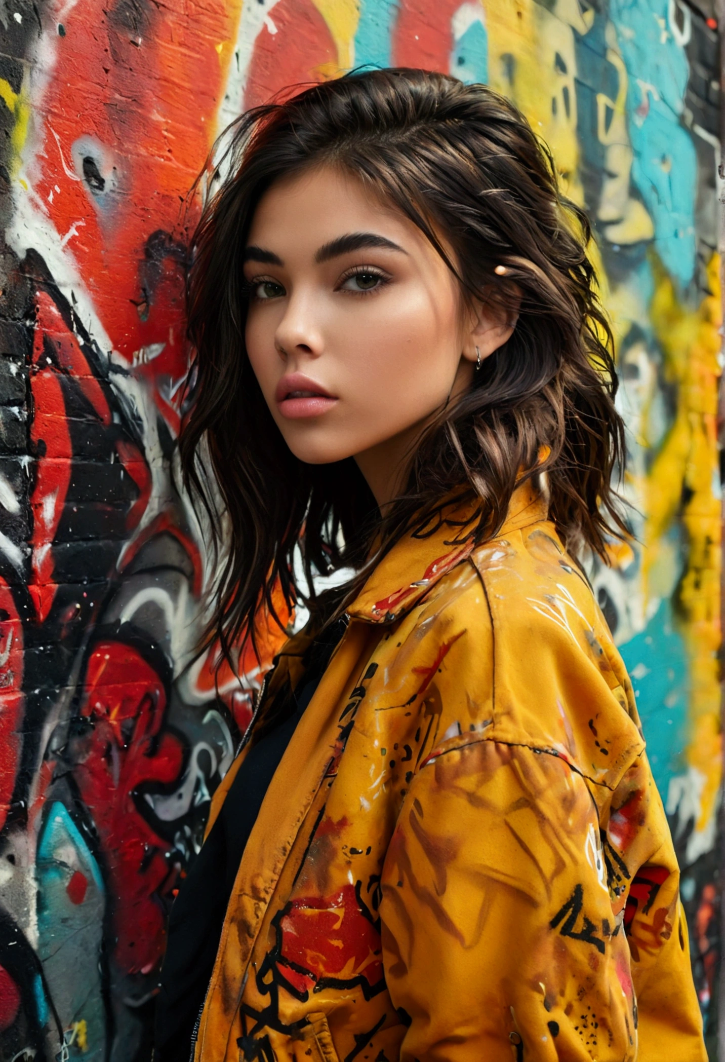 a woman standing in front of a wall covered in graffiti, portrait of madison beer girl, yellows and reddish black, full photo, jacket on visible torso, very detailed hyper real retro, adoryanti, olivia kemp