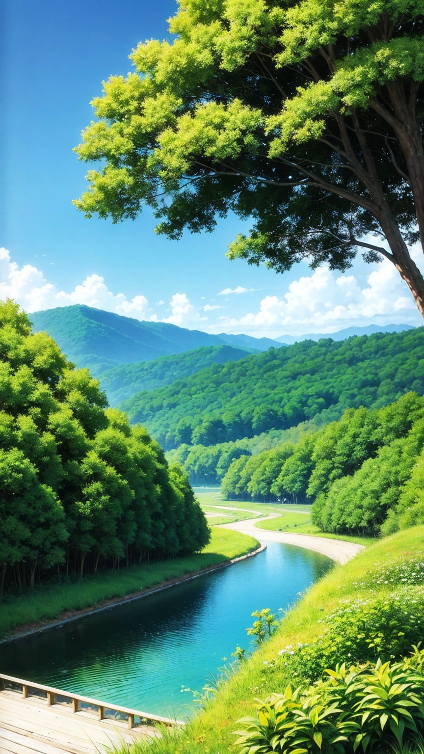 anime-style illustration, A tranquil landscape featuring a close-up of a young woman standing on a footpath, overlooks the vast expanse of clear blue sky,The scene is depicted in a highly saturated and vibrant style, intense and rich colors vivid, colorful color, The lush greenery, hills, rendered with strong exaggerated colors, The sky above is clear blue sky, The atmosphere is full of magical color films, High Detail.