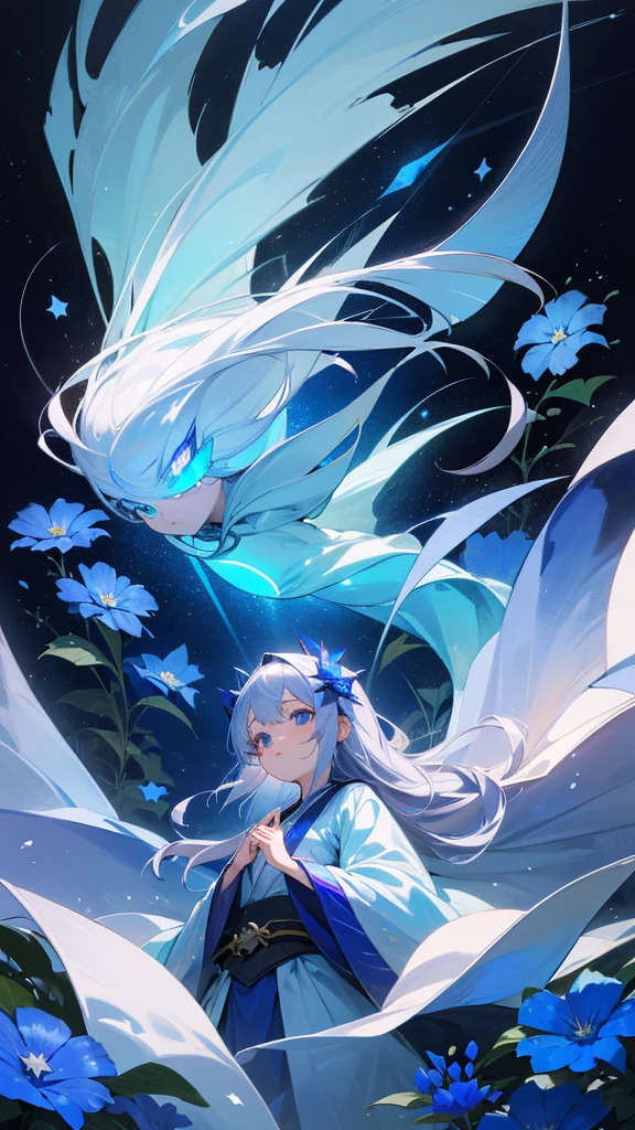Highest quality,masterpiece,colorful,The background is the deep blue sea,Transparency,Use HDR technology to create a sense of depth,beautiful,beautiful自然,5 year old girl,Wearing a wizard's robe,Put your right hand forward,A star-like light from the right,Light magic from the right hand,Narrow and gentle eyes,mysterious,Silver hair decorated with blue flowers,Fantasy atmosphere,beautiful虹色の蝶々is flying in the air