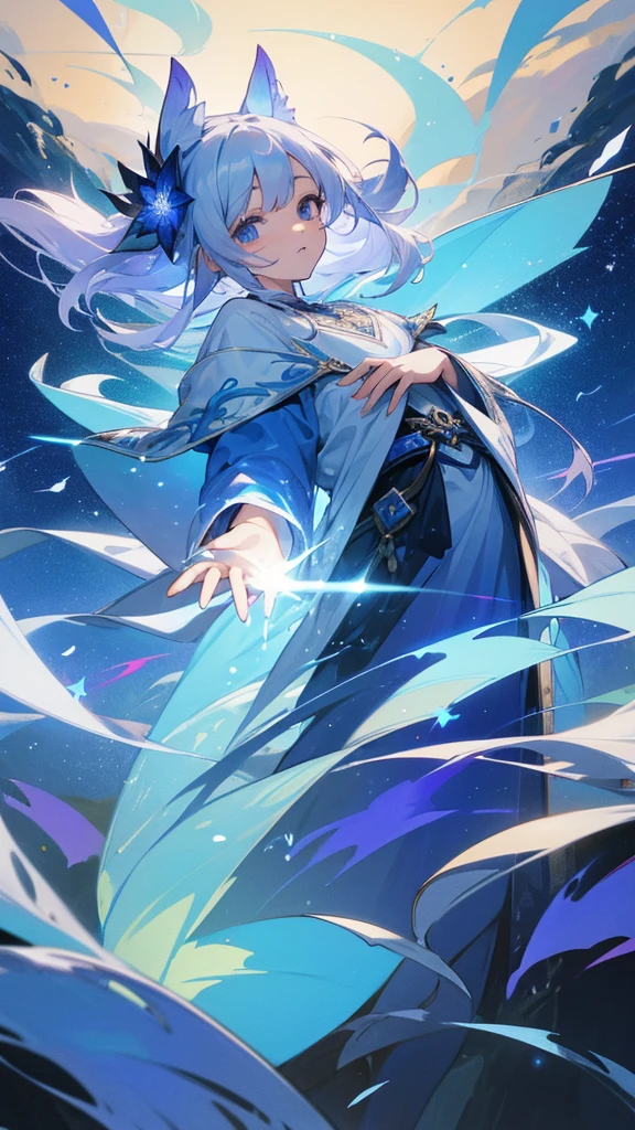 Highest quality,masterpiece,colorful,The background is the deep blue sea,Transparency,Use HDR technology to create a sense of depth,beautiful,beautiful自然,5 year old girl,Wearing a wizard's robe,Put your right hand forward,A star-like light from the right,Light magic from the right hand,Narrow and gentle eyes,mysterious,Silver hair decorated with blue flowers,Fantasy atmosphere,beautiful虹色の蝶々is flying in the air