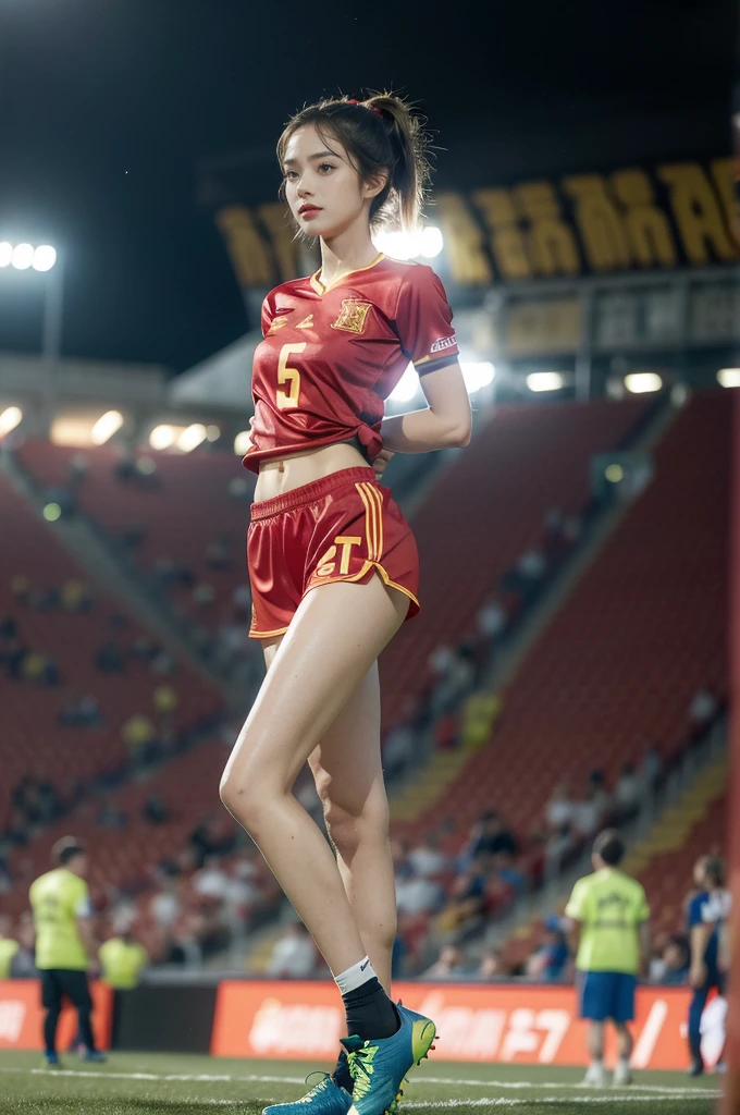 (((best quality))),(((ultra detailed))),(((masterpiece))),illustration,((1 beautiful girl,female footballer,solo)),((small breasts,flat chest)),((slim,thin)),summer night,stadium,crowded stands,enthusiastic spectators,football match,(short ponytail:1.2),(short sleeves:1.2),((Spain team kit,red shirt,blue shorts)),(slender legs:1.2),(football:1.3),fluid movements,powerful,sweat,forehead,exhaustion,passion for football,purposeful running,electric atmosphere,crowd roar,critical juncture,pressure,undeterred,floodlights,luminous glow,long shadows,drama,breathtaking sight,raw passion,unbridled energy,determination,skill,embodiment of sport's spirit,strength,resilience of human spirit,(standing:1.3),(arms behind back:1.2),((from front,full body))