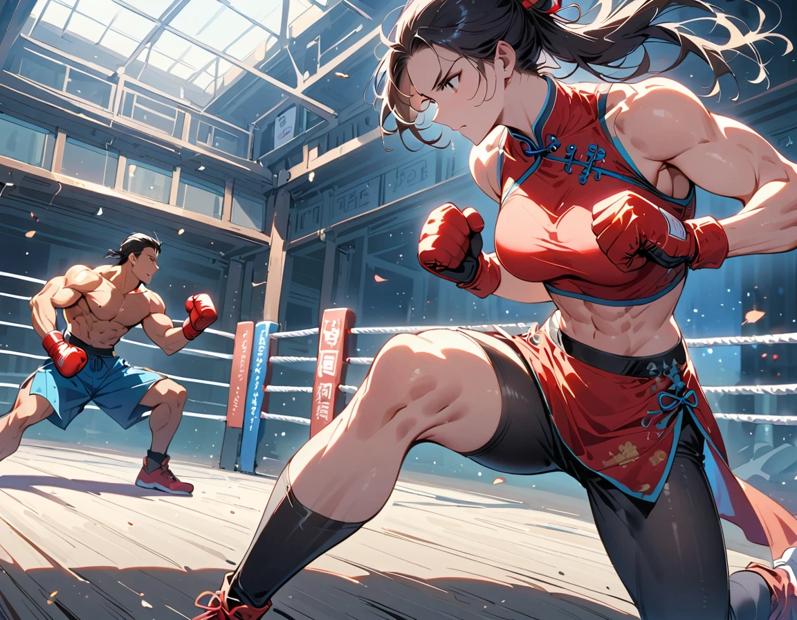 Boxing Match between muscular woman and doing a knee strike, six pack, no men in background , Chinese dress crop top,  and leggings ,portrait, empty dojo background 