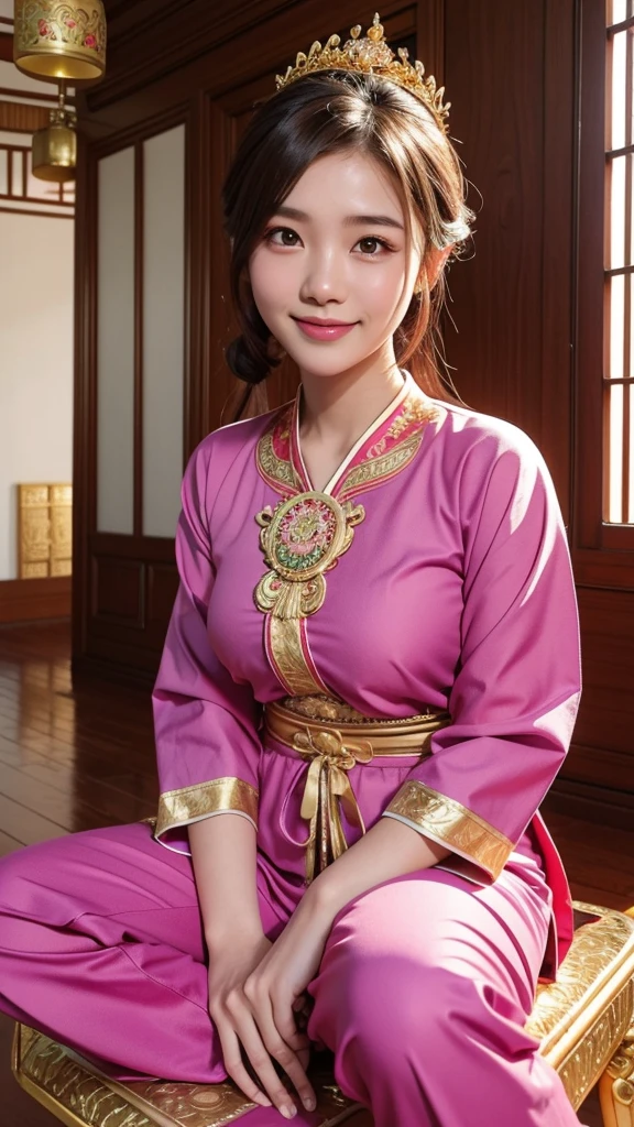 3d art : A 20-year-old Thai girl with a beautiful face in a traditional Thai dress of pink, red, purple, and green.,Sitting on a golden chair,charming smile ,beautiful eyes ,Sitting in a Thai house ,Eyes looking at the viewer surrounded by lots of wealth and money.,colorful pictures , 8K high resolution images