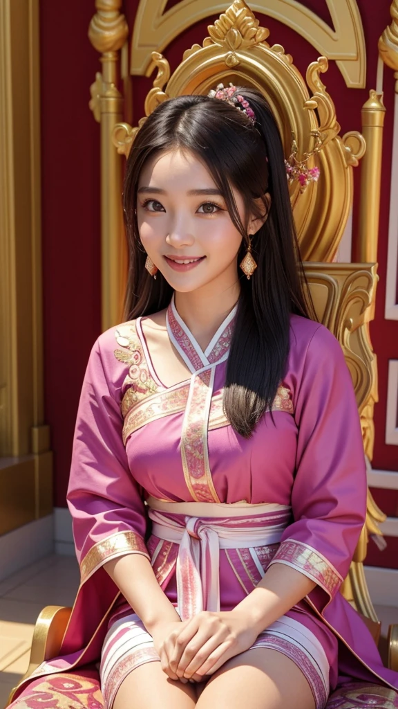3d art : A 20-year-old Thai girl with a beautiful face in a traditional Thai dress of pink, red, purple, and green.,Sitting on a golden chair,charming smile ,beautiful eyes ,Sitting in a Thai house ,Eyes looking at the viewer surrounded by lots of wealth and money.,colorful pictures , 8K high resolution images
