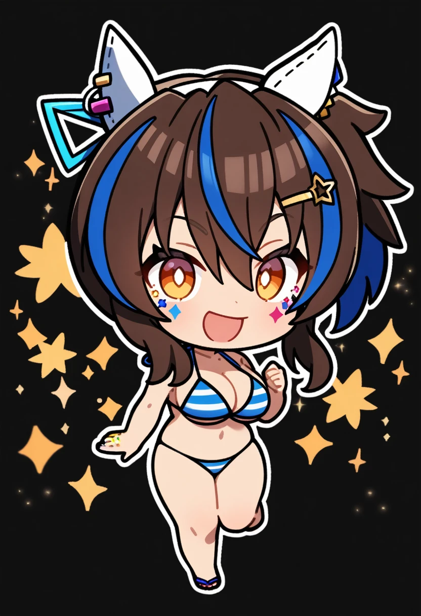 1Girl,daitaku helios(umamusume), umamusume, smile , big breasts, nude, bikini, striped bikini, looking at viewer, black background,masterpiece, aesthetic, newest, white outline,chibi,full body, sparkle,ster