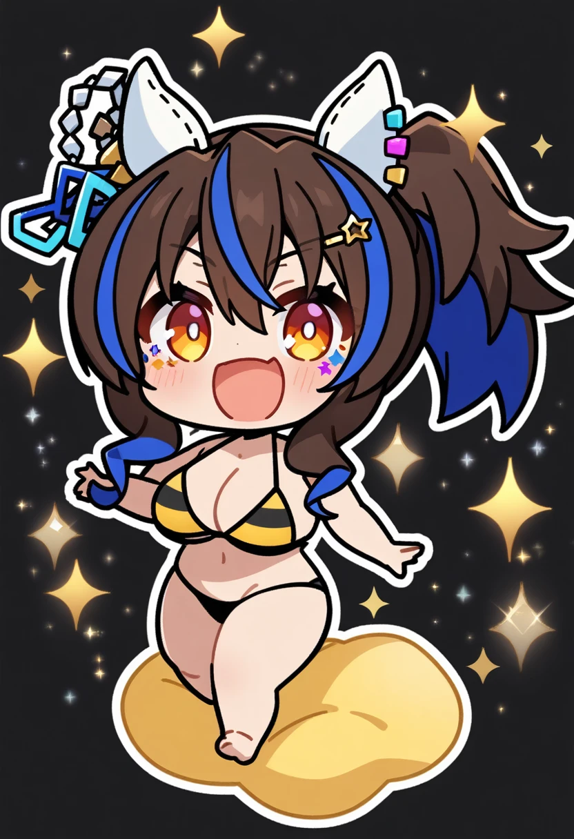 1Girl,daitaku helios(umamusume), umamusume, smile , big breasts, nude, bikini, striped bikini, looking at viewer, black background,masterpiece, aesthetic, newest, white outline,chibi,full body, sparkle,ster
