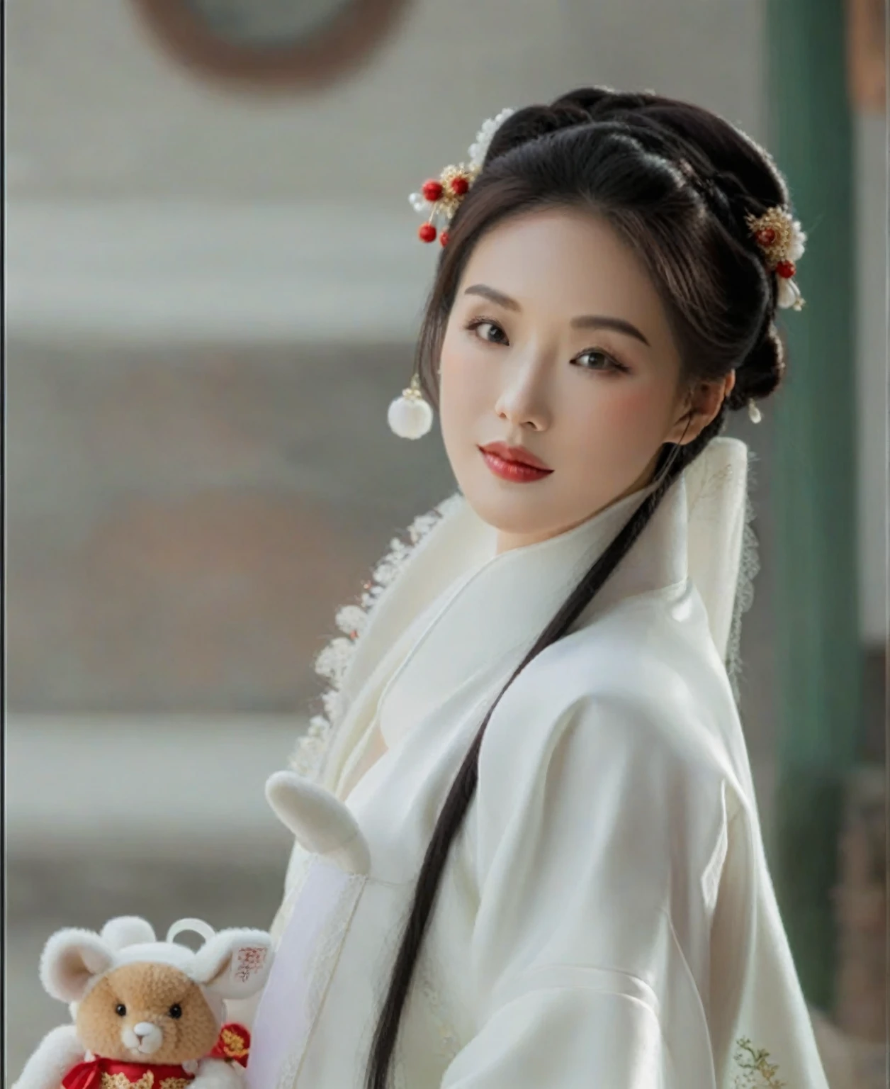 Asian woman in traditional dress holding a stuffed toy, palace ， Girl wearing Hanfu, White Hanfu, Wearing ancient Chinese clothes, Hanfu, Wearing Chinese clothing, traditional Chinese clothing, Inspired by Qiu Ying, traditional Chinese, Chinese Princess, Chinese Girl, Inspired by Zhang Yin, ancient Chinese Princess, Chinese, Inspired by Lan Ying