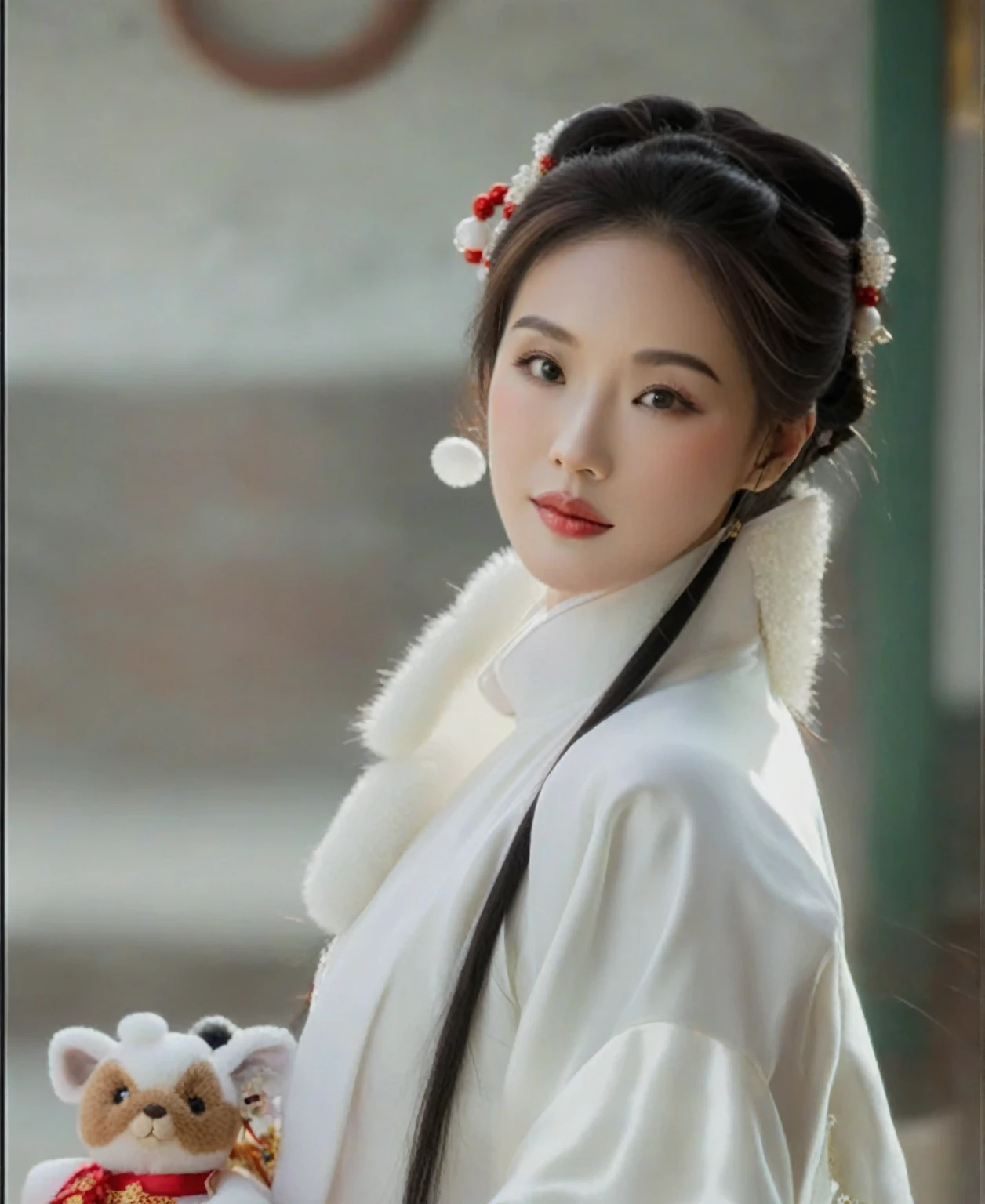 Asian woman in traditional dress holding a stuffed toy, palace ， Girl wearing Hanfu, White Hanfu, Wearing ancient Chinese clothes, Hanfu, Wearing Chinese clothing, traditional Chinese clothing, Inspired by Qiu Ying, traditional Chinese, Chinese Princess, Chinese Girl, Inspired by Zhang Yin, ancient Chinese Princess, Chinese, Inspired by Lan Ying