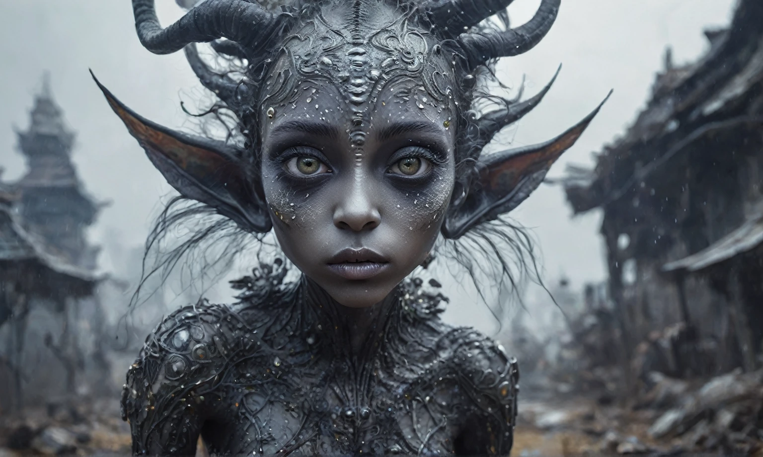 pretty face,eyebrow up,full body length shot,obsidian elf,full body length shot,very beggar niobium graphite The Alien Entity, babychild, wants eat,full body shot, of psychedelic style ,The iris looks weird, attractive, The stars in space is reflected in the pupil, goose down eyelashes, long wavy luminescent hair,insane baggy clothes,view from height,full-body-shot,High contrast,Masterpiece,Realistic,Ultra Detailed,intricate details,realistic humid skin,extremly intricate,realism,photorealism, cinematic style,irina yermolova,HDR,((Wangechi Quality)),ominous landscape,glate gray atmosphere,by art Simon Stalenhag,Nicola Samori,(((Wangechi Mutu))),prime colors,urban,extremely detailed,masterpiece,intricate details,faded,eyes extremely detailed, high detailed eyes,4k resolution,RAW, Nikon Z9,scary town,stalker,goblin,Dubai of United Arab Emirates,Mestichino,Light particles,marble leather ,ink photography ,Mestichino,Light particles,chaos