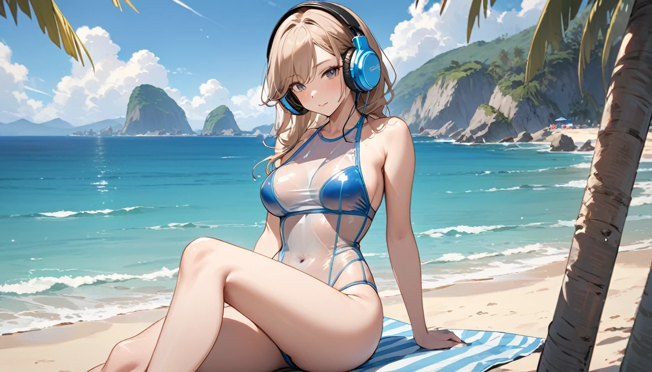 ((Top Quality)), ((Masterpiece)), ((Details)), perfect face, perfect body, sitting by the beach, listening to music, wearing headphones, wearing swimsuit, transparent swimsuit, wearing clothes exposing tight hips and breasts Woman with face visible, sitting with legs apart