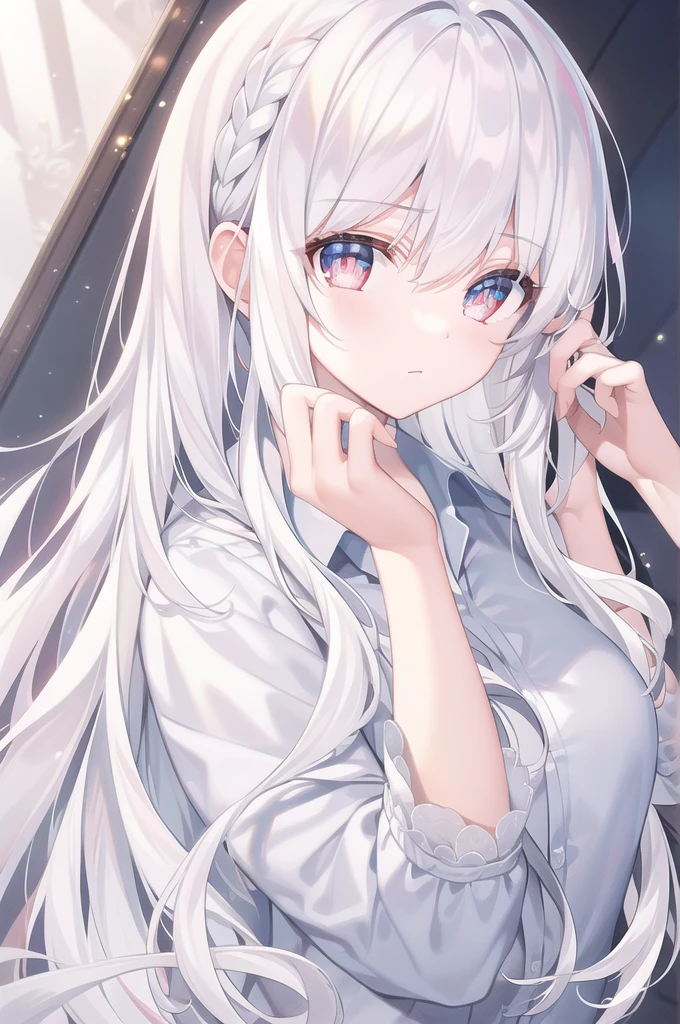 ((masterpiece, best quality))++, Detailed lighting+,  Detailed hair+, Detail hand+ ,1 girl, Miss, Long hair,   Crimson eyes,  beautiful eyes, young white hair,,(Beautiful white hair:1.5),(Beautiful and delicate eyes),  high resolution+,glass tint, Reflective eyes,   {{angle}} , Very detailed wallpaper, The original, Air bangs，Extremely beautiful CG，Work clothes