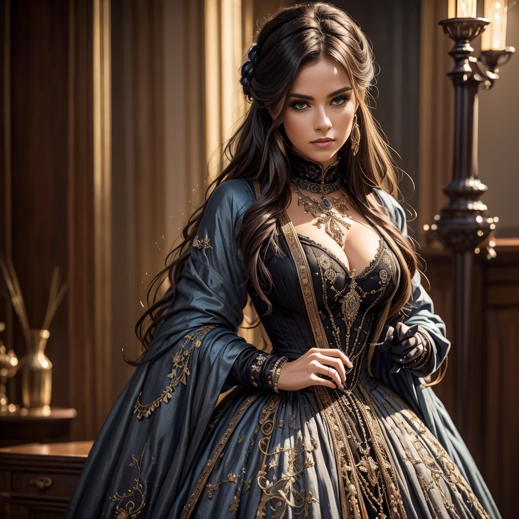 a woman in 1880s dress, a woman in 1980s outfit, a woman in 2180s futuristic outfit, masterpiece, highly detailed, photorealistic, cinematic lighting, dramatic lighting, intricate details, fashion illustration, oil painting, studio lighting, ultra-detailed