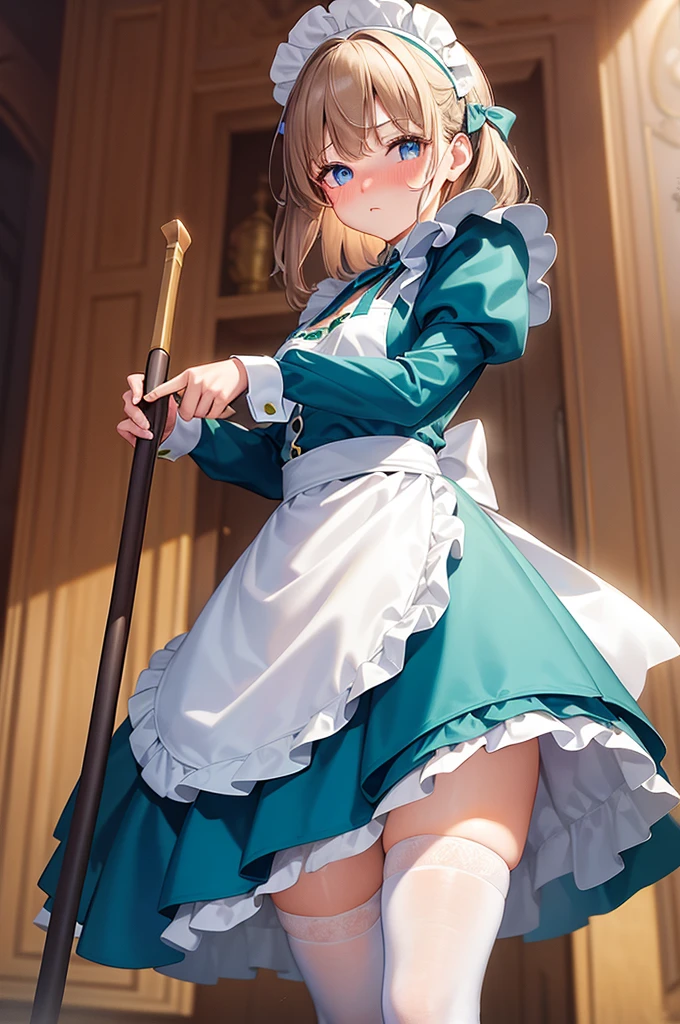 masterpiece, best quality,1girl, solo,whtie hair,medium hair,blue eyes,long sleeves,juliet sleeves,apron,maid,maid headdress,puffy sleeves,green dress,vest,buttons, white thighhighs,standing, looking at viewer, nose blush, (holding mop:1.2), (from below:1.3),