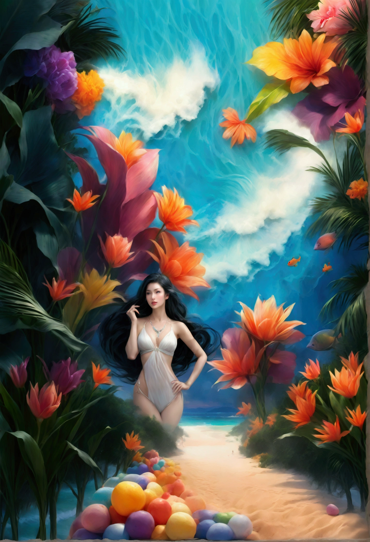((Masterpieces with up to 16K resolution:1.6)),Highest quality,it is really amazing,Very detailed,Ultra-high resolution,(Real:1.5),(Realistic:1.5),Increased depth of field,Cinematic Light,
Elegant mature woman,
Long black hair,(Exquisitely detailed face:1.5),Face with a gentle expression,Translucent white skin,Very sensitive skin,Great proportions,Anatomically correct body,
Elegant bikini swimwear,Artistic design,Beautiful and detailed pattern,Detailed fabric texture,Gorgeous necklace,
Coastal landscape at dusk,Dark clouds and dark sky,delay々Continuing sandy beach, Deserted Beach,Dark sea surface,
(Dramatic Angle:1.6),