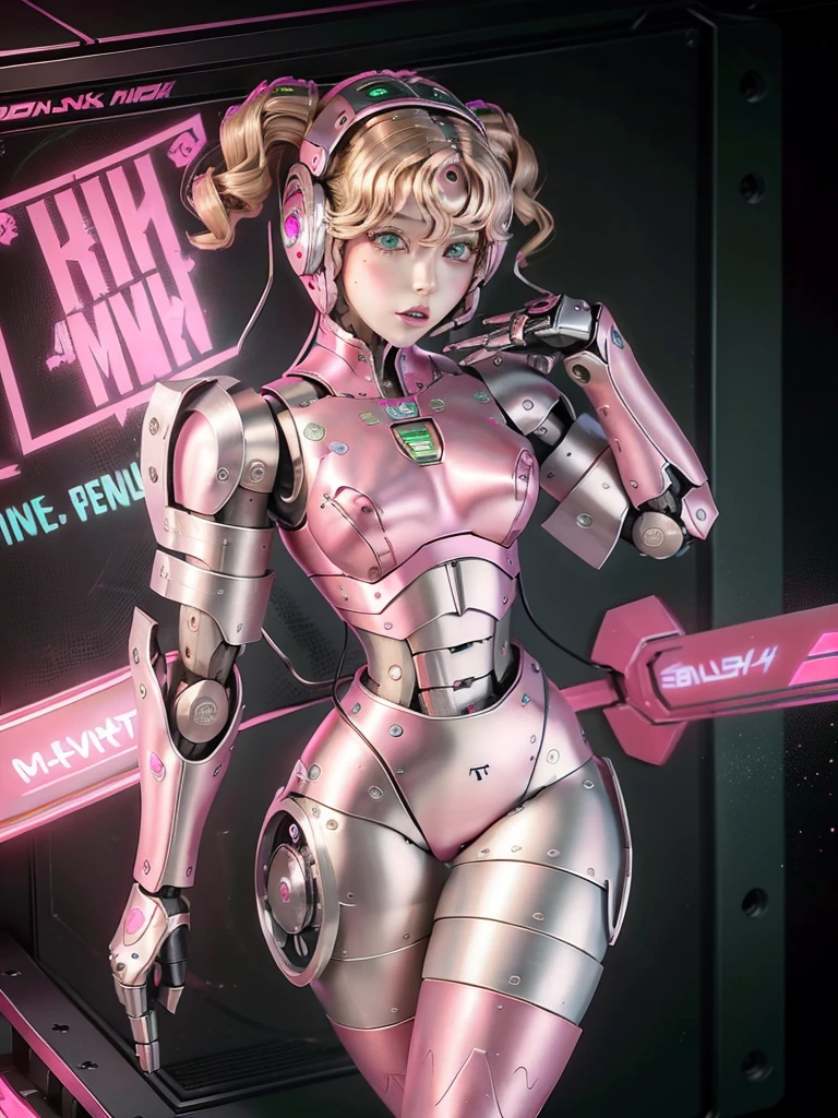 (masterpiece), best quality, expressive eyes, perfect face, blonde hair, curly hair, green eyes, robot, robot lady, robot features, female robot, solo, (pink metal:1.5), pink robot, small breasts, thick thighs, short hair, shy expression, metal face, robot face, hair over one eye
