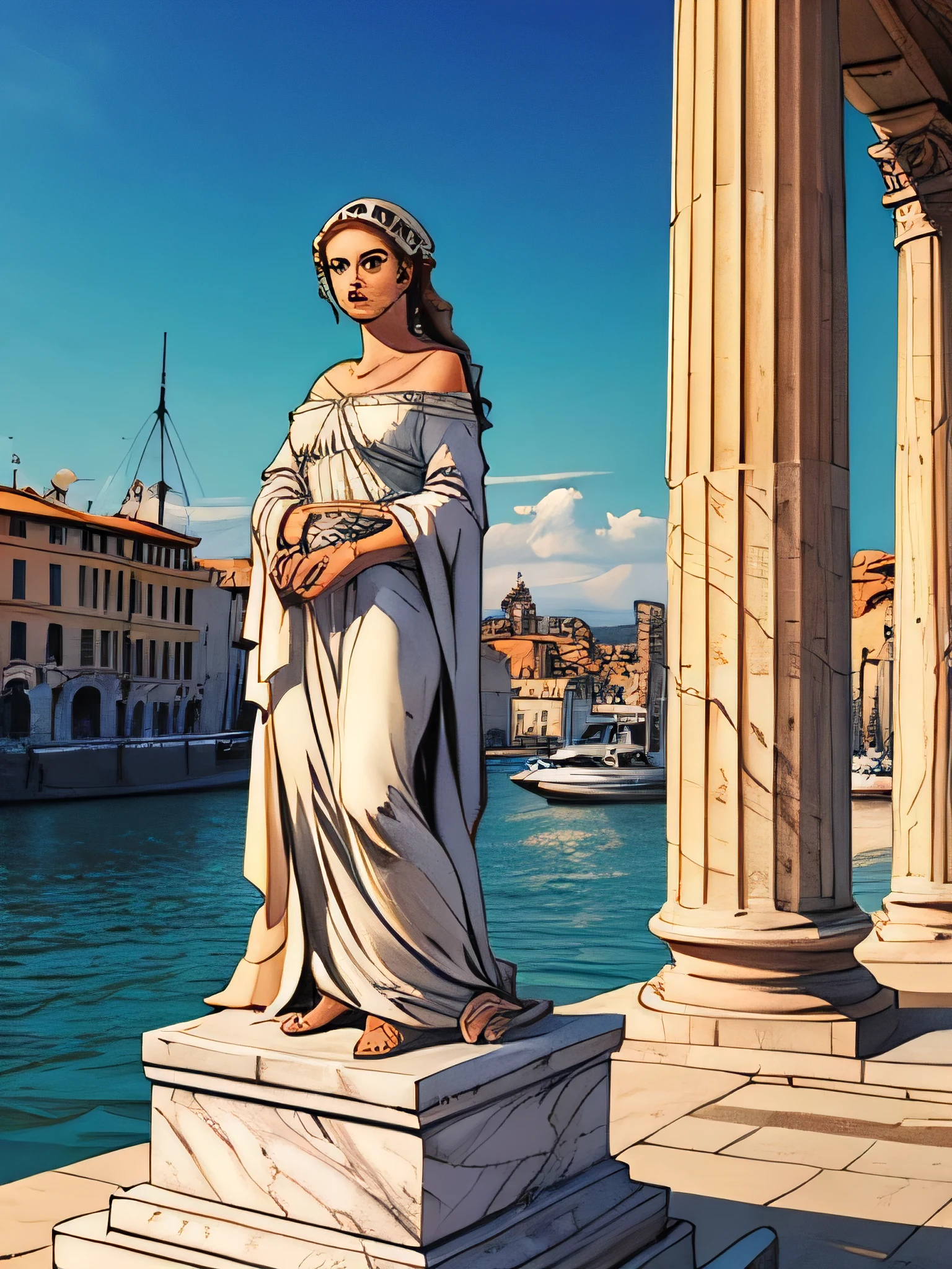 Italian woman with traditional Italian clothing in a port with great monuments, columns and statues of a woman in white marble