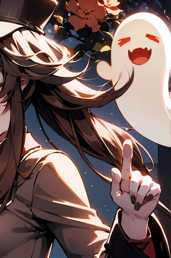 1 girl solo, brown jacket, long brown hair, red eyes, brown hat with red flowers, white ghost smiling, outside in a swampy forest at night, swamp lights, ghost figures around, blue lights flying in the air, will-o-the-wisp