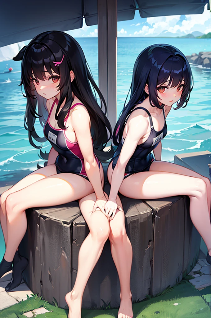 Long Black Hair School swimsuit Sisters