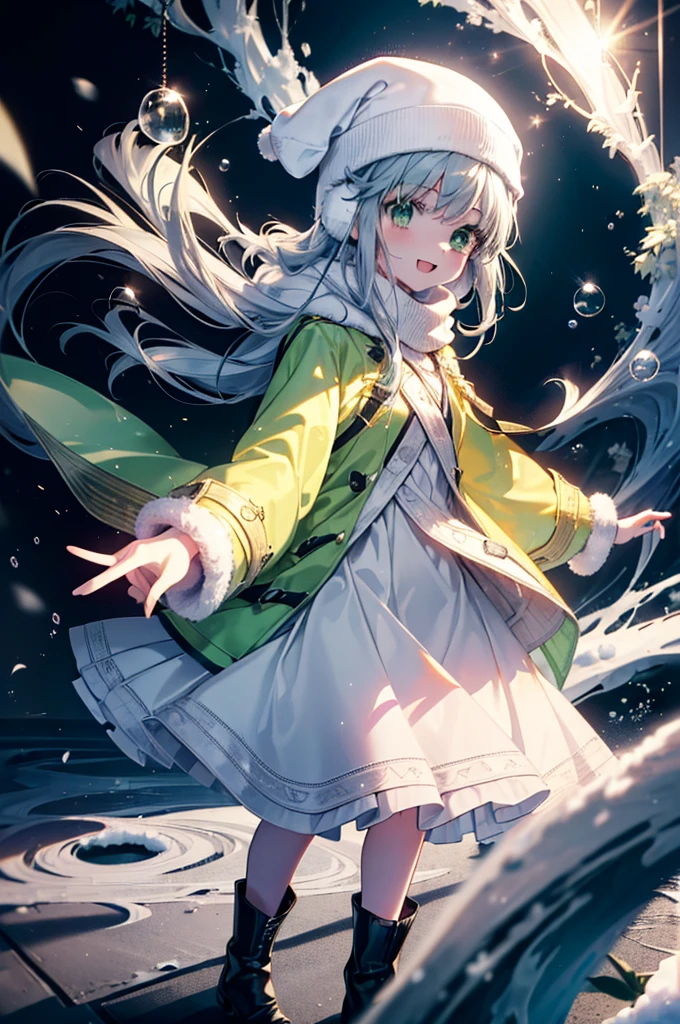 index, index, (Green Eyes:1.5), Silver Hair, Long Hair, (Flat Chest:1.2),happy smile, smile, Open your mouth,Knitted hat,Yellow long coat,White Tokkuri Sweater,Earmuffs,Red baggy gloves,White scarf,Black long skirt,Black pantyhose,short boots,Walking,Snow is piled up,It&#39;s snowing,Snow Scene,Shirogane World,night,moonlight,Let the world enter your illustrations,
break looking at viewer, whole body,
break outdoors, Snow Country,Residential Street,
break (masterpiece:1.2), Highest quality, High resolution, unity 8k wallpaper, (figure:0.8), (Beautiful attention to detail:1.6), Highly detailed face, Perfect lighting, Highly detailed CG, (Perfect hands, Perfect Anatomy),