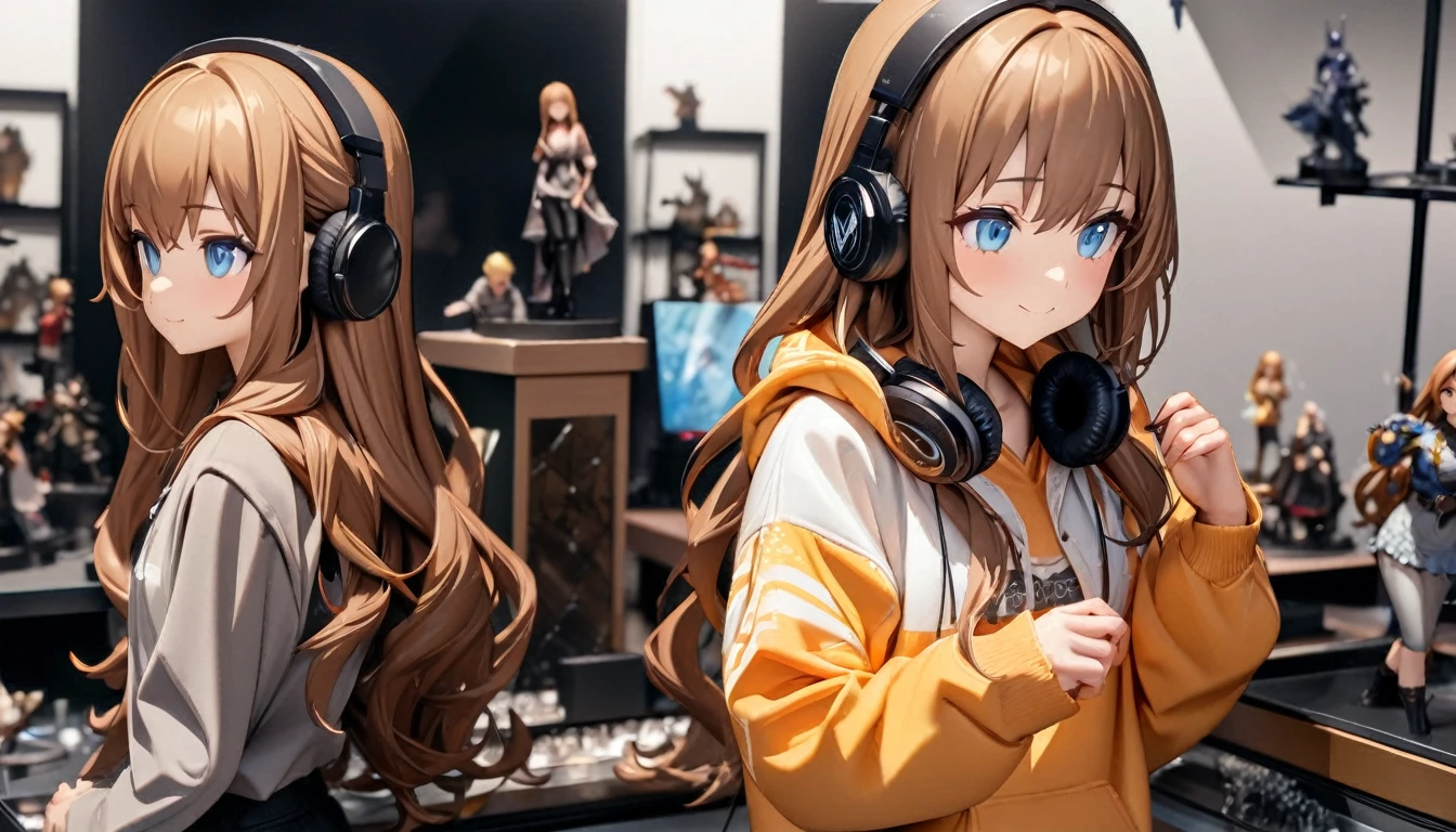 One girl, alone, She has a sweet smile and a flat chest., blue eyes, (detailed eyes), Long Hair, Brown Hair, Upper Body, ((masterpiece, figure, Highest quality)) ((Highest quality)), ((masterpiece)), (detailed), Perfect Face, listen to music, One Woman, Wearing headphones, Wearing a hoodie,Background is white,