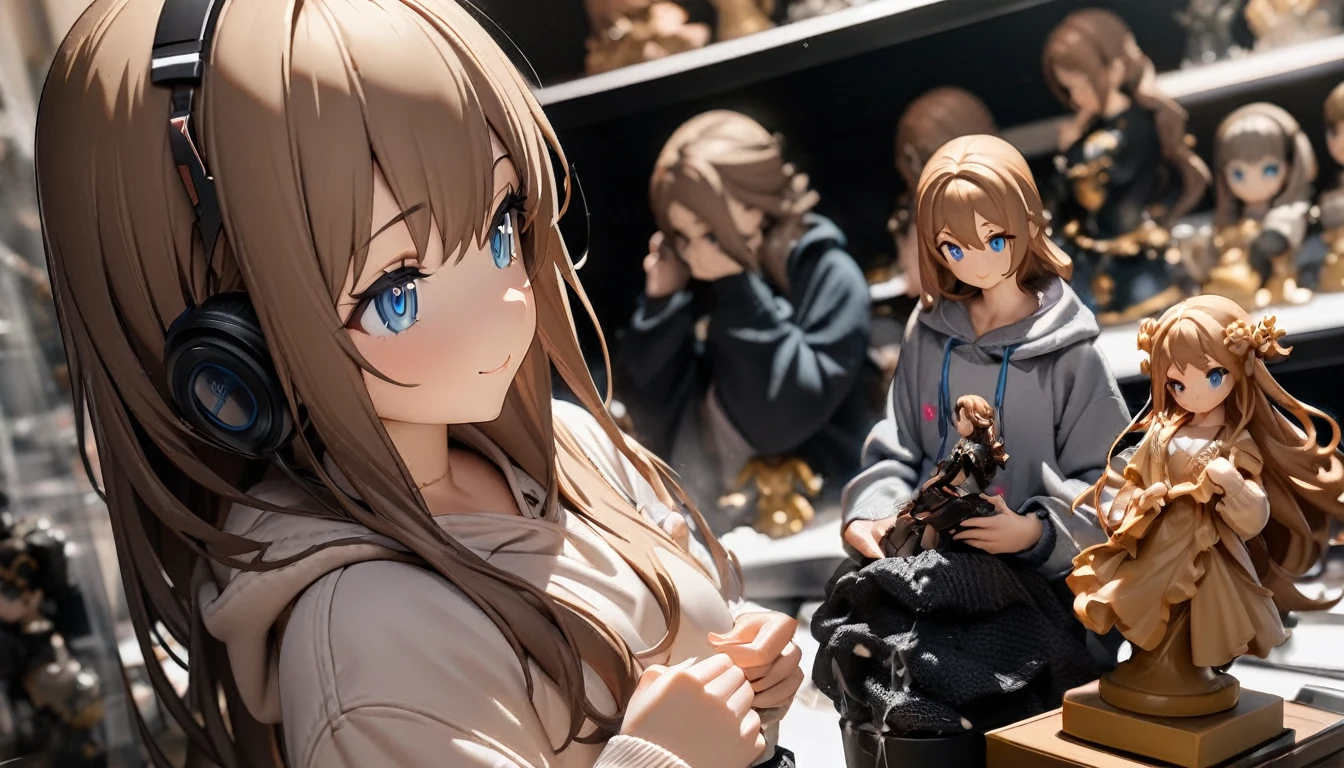 One girl, alone, She has a sweet smile and a flat chest., blue eyes, (detailed eyes), Long Hair, Brown Hair, Upper Body, ((masterpiece, figure, Highest quality)) ((Highest quality)), ((masterpiece)), (detailed), Perfect Face, listen to music, One Woman, Wearing headphones, Wearing a hoodie,Background is white,