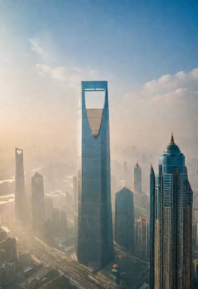 Shanghai, urban landscape, architecture, non-human, blue sky,(sunny day:1.5), sunshine, city, sky, scenery, mountains, clouds, outdoor, skyscraper,Sun, dazzling sunshine,