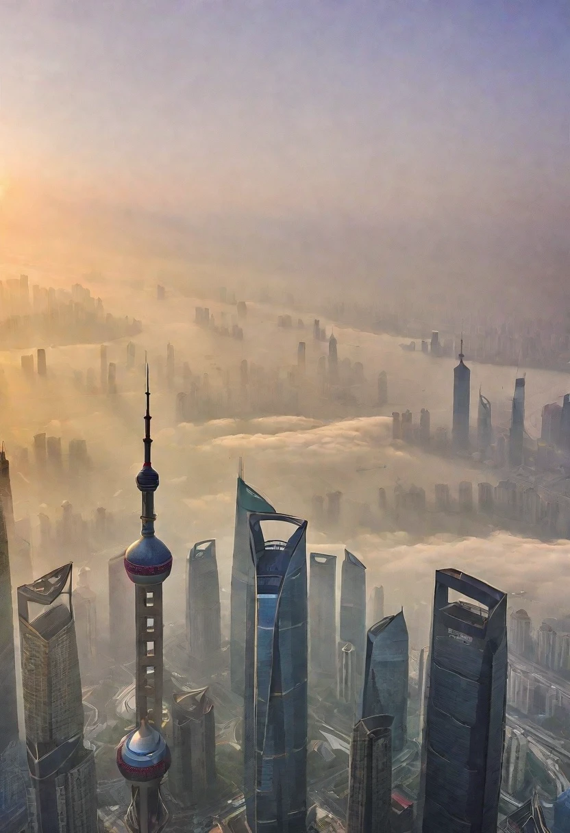 Shanghai, urban landscape, architecture, non-human, blue sky,(sunny day:1.5), sunshine, city, sky, scenery, mountains, clouds, outdoor, skyscraper,Sun, dazzling sunshine，