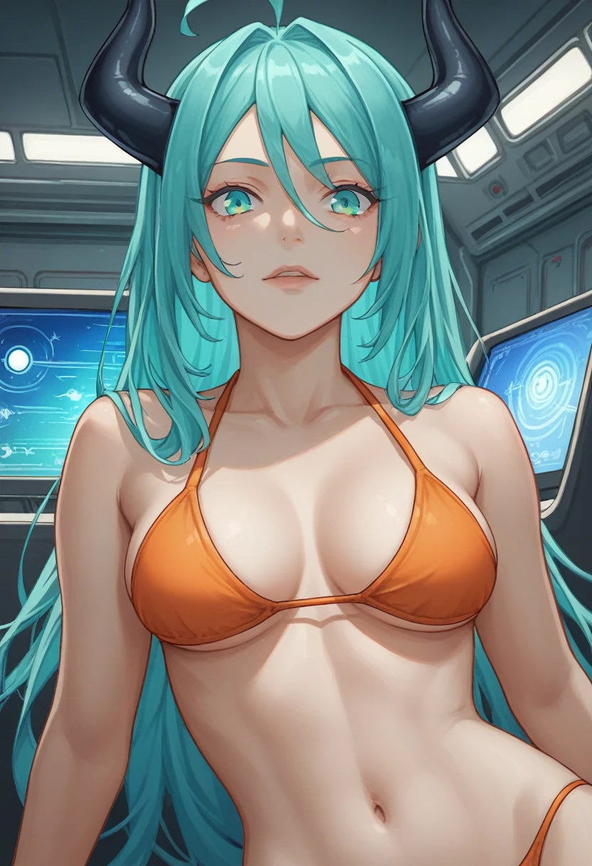 score_9, score_8_up, score_7_up,1 daemon woman, black horns, black demon tail, (aquamarine hair),aquamarine green color hair,ahoge, long hair, (long hair),bangs, light orange bikini, bikini is orange, bikini orange, orange bikini!, (aquamarine eyes), background is spaceship, aquamarine eyes, 1woman ,facing viewer, daemon girl, close up,Well-endowed, alone, Spacecraft interior, sexy pose
