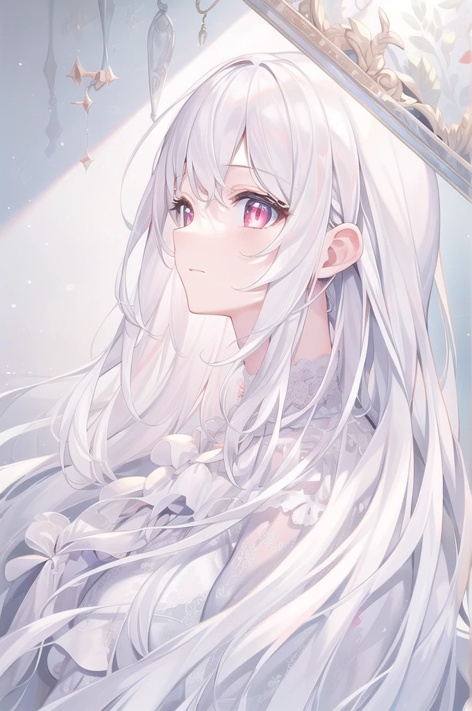 ((masterpiece, best quality))++, Detailed lighting+, Detailed hair+, Detail hand+ ,1 girl, Miss, Long hair, Crimson eyes, beautiful eyes, young white hair,,(Beautiful white hair:1.5),(Beautiful and delicate eyes), high resolution+,glass tint, Reflective eyes, {{angle}} , Very detailed wallpaper, The original, Air bangs,Extremely beautiful CG,Work clothes