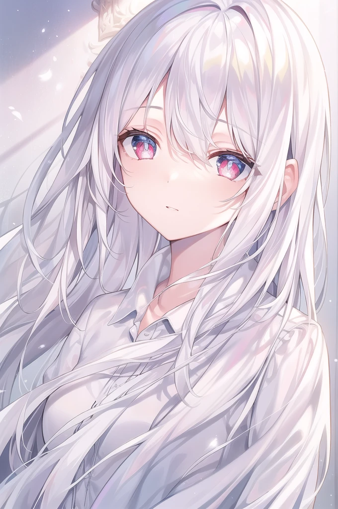 ((masterpiece, best quality))++, Detailed lighting+, Detailed hair+, Detail hand+ ,1 girl, Miss, Long hair, Crimson eyes, beautiful eyes, young white hair,,(Beautiful white hair:1.5),(Beautiful and delicate eyes), high resolution+,glass tint, Reflective eyes, {{angle}} , Very detailed wallpaper, The original, Air bangs,Extremely beautiful CG,Work clothes