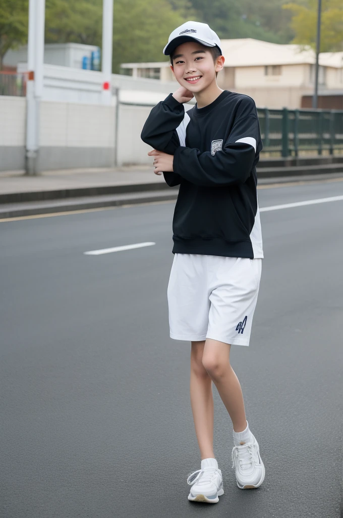 12-year-old boy,Smile，Spread your white and slender legs，jogging，full body，8K五官精致，Handsome boyish feeling，8K，masterpiece,((best quality)),photography,