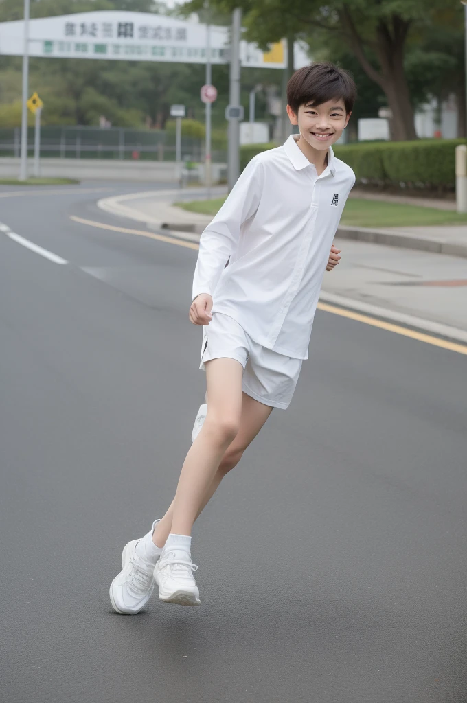 12-year-old boy,Smile,Spread your white and slender legs,jogging,full body,8K五官精致,Handsome boyish feeling,8K,masterpiece,((best quality)),photography,