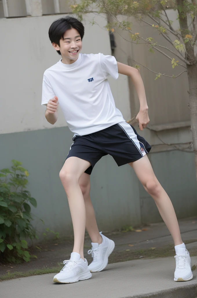 12-year-old boy,Smile，Spread your white and slender legs，jogging，full body，8K五官精致，Handsome boyish feeling，8K，masterpiece,((best quality)),photography,