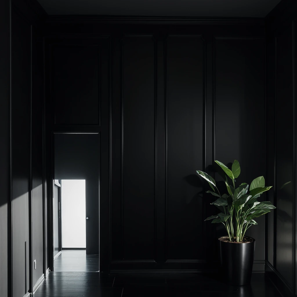 There is a black wall,There is a pot of plants on it, Lacquered glass, Smooth paneling, Vantablack Wall, apartment with Black Wall, Black Wall, empty room with Black Wall, black studio background color, Dark gray wall, Black color scheme, Black vertical slats wood, All black matte product, Dark color scheme, panel of black,Best quality,8K,The picture quality is perfect,Clarity