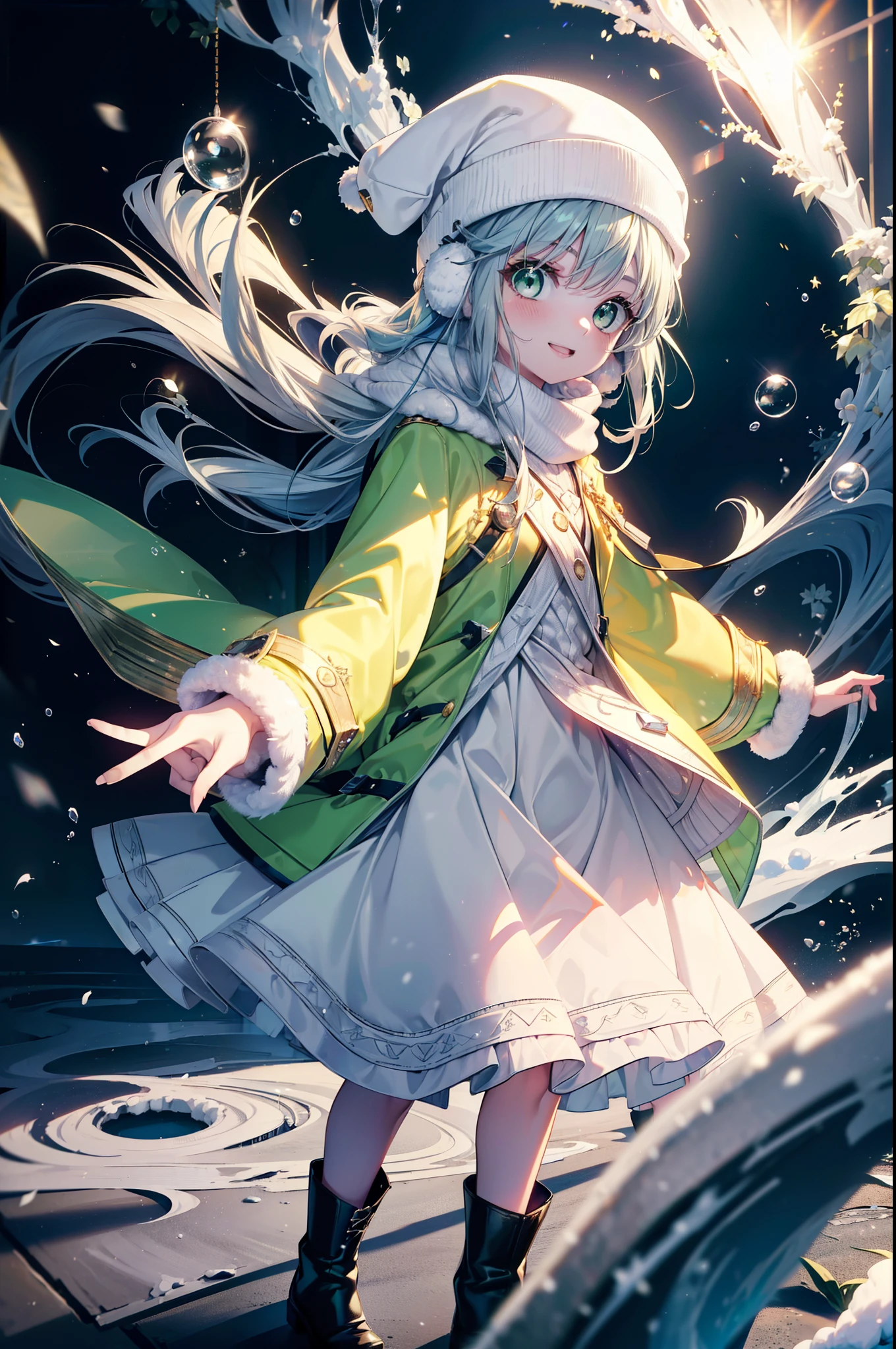 index, index, (Green Eyes:1.5), Silver Hair, Long Hair, (Flat Chest:1.2),happy smile, smile, Open your mouth,Knitted hat,Yellow long coat,White Tokkuri Sweater,Earmuffs,Red baggy gloves,White scarf,Black long skirt,Black pantyhose,short boots,Walking,Snow is piled up,It&#39;s snowing,Snow Scene,Shirogane World,night,moonlight,Let the world enter your illustrations,
break looking at viewer, whole body,
break outdoors, Snow Country,Residential Street,
break (masterpiece:1.2), Highest quality, High resolution, unity 8k wallpaper, (figure:0.8), (Beautiful attention to detail:1.6), Highly detailed face, Perfect lighting, Highly detailed CG, (Perfect hands, Perfect Anatomy),