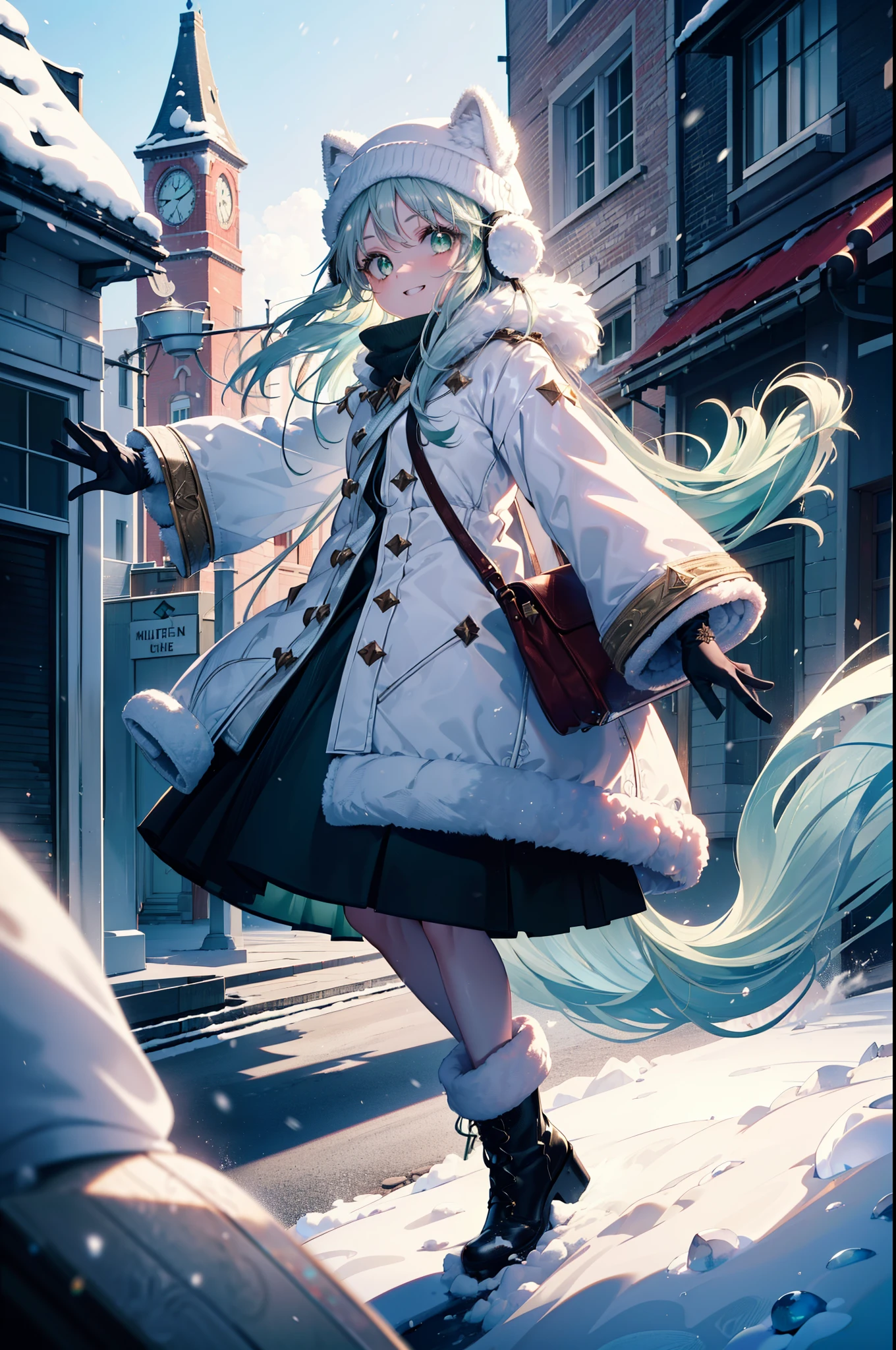 index, index, (Green Eyes:1.5), Silver Hair, Long Hair, (Flat Chest:1.2),happy smile, smile, Open your mouth,Knitted hat,Yellow long coat,White Tokkuri Sweater,Earmuffs,Red baggy gloves,White scarf,Black long skirt,Black pantyhose,short boots,Walking,Snow is piled up,It&#39;s snowing,Snow Scene,Shirogane World,night,moonlight,Let the world enter your illustrations,
break looking at viewer, whole body,
break outdoors, Snow Country,Residential Street,
break (masterpiece:1.2), Highest quality, High resolution, unity 8k wallpaper, (figure:0.8), (Beautiful attention to detail:1.6), Highly detailed face, Perfect lighting, Highly detailed CG, (Perfect hands, Perfect Anatomy),