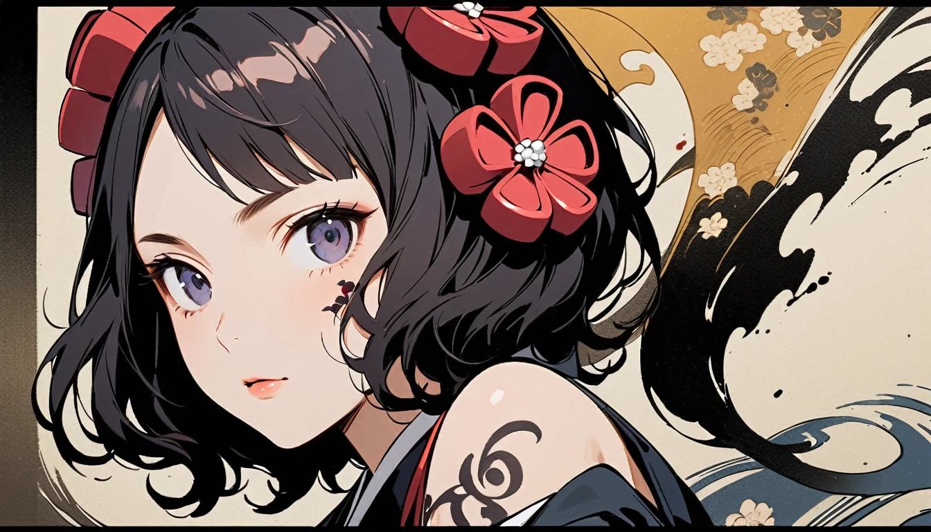 Katsushika Hokusai, Ink Painting, (((1 girl))), (((Tattoo on face))), sunglasses, Japanese style headphones, beautiful girl, Black Hair, Delicate and precise, Modern ukiyo-e style, Dark image, Face close-up