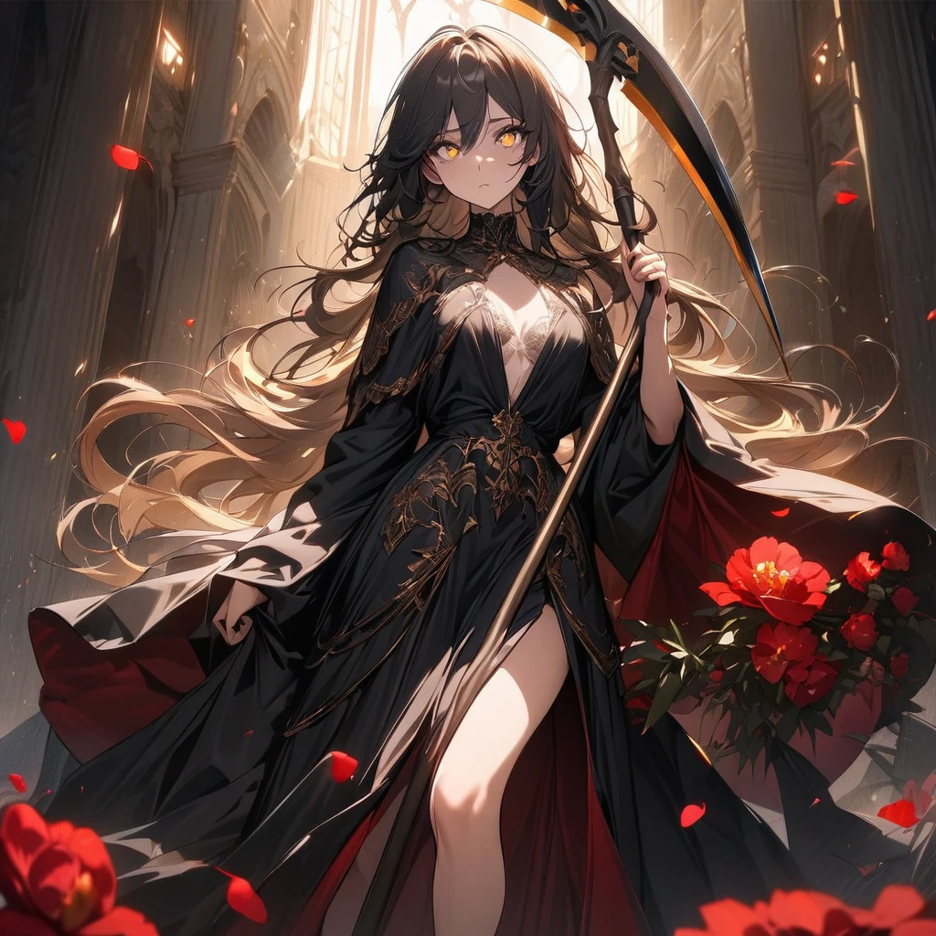 one beautiful Germans girl's Grim Reaper,teenagers,wearing robe,She's standing with a scythe,Look in here,luxury,The petals of red equinoctial flowers dance,(((masterpiece))), (((best quality))), ((ultra-detailed)), (illustration), (detailed light),((an extremely delicate and beautiful)),(beautiful detailed eyes),gold eyes