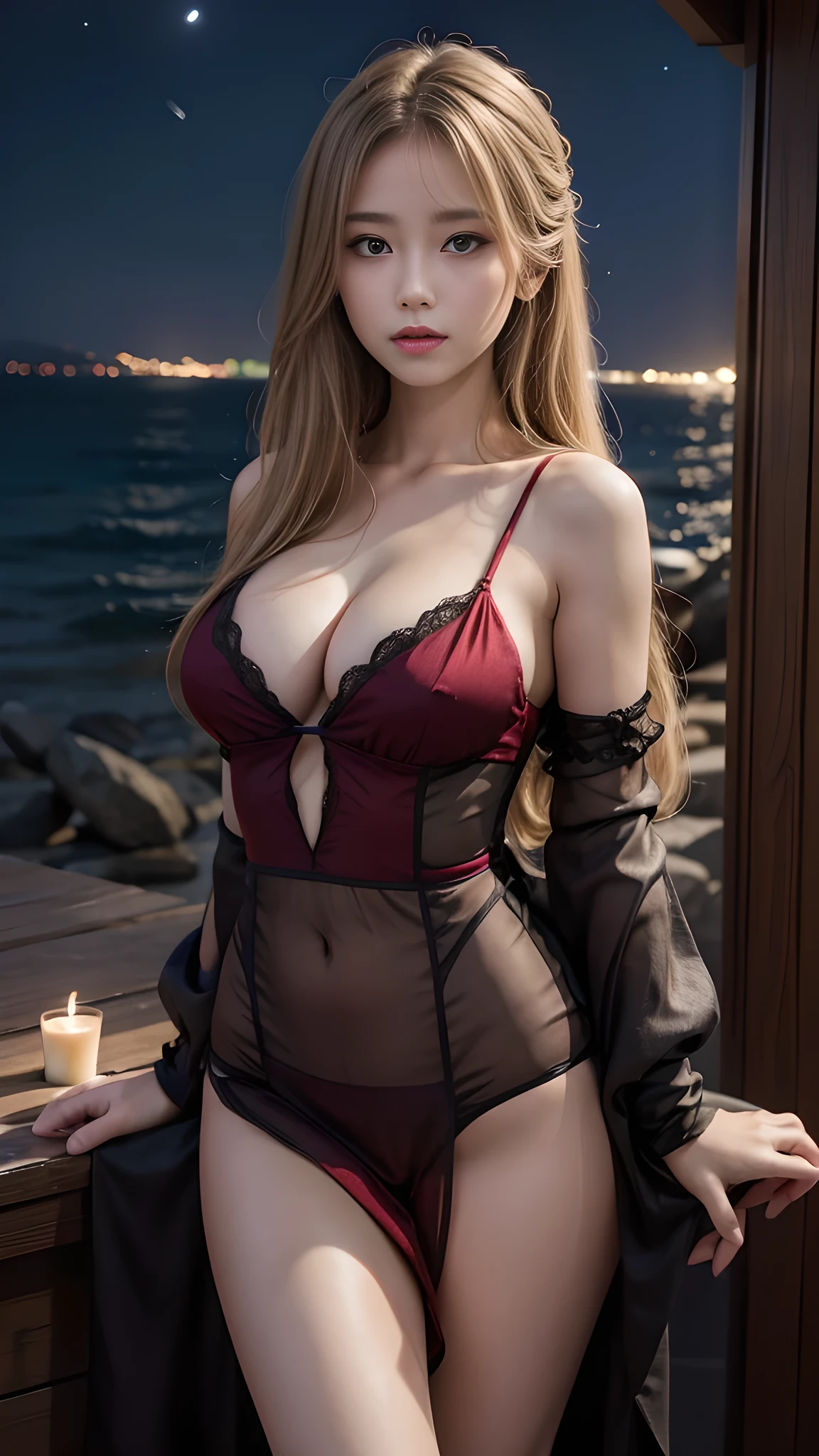 full hd 8k, Girl standing in front of a dark night scene, full moonlight reflecting on her beautiful face. Her long, silky hair was gently blown by the night wind, creating a gentle and romantic feeling. She is walking on a large beach. She looked up at the starry sky, as if searching for something, her eyes showing a pensive and lonely look. The full moon shines in the night sky creating a beautiful scene. The girl has long, strands of hair,  Light blonde hair, a luxurious and noble beauty. The moonlight shines on the girl's delicate face, highlighting her large, round light brown eyes, creating a natural, gentle beauty. She wore a sexyly mini red dress to create a sexy beauty. Her plumble breasts were exposed, revealing her plumble and extremely sexy breasts. These images capture detailed panoramic portraits and views of the sky and sea. All create a beautiful, wonderful picture that makes people unable to take their eyes off the scene. All of these details are depicted clearly and sharply, creating sexyly poses,