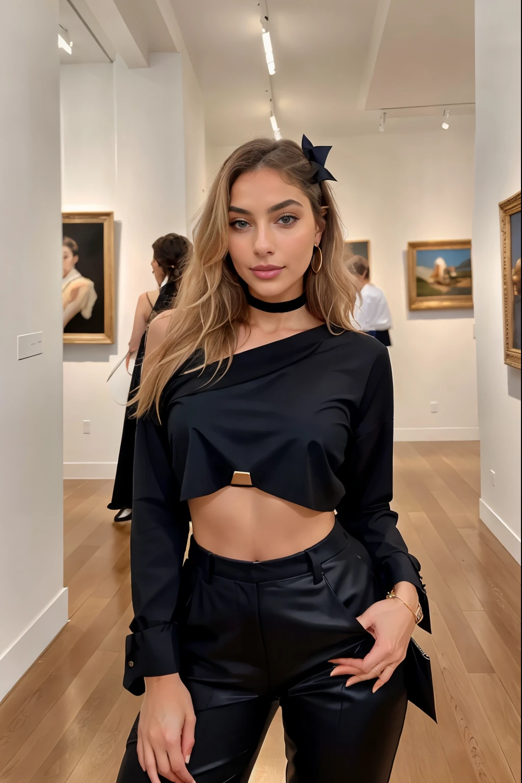 the influencer, with her natural elegance and slender model figure, is in a prestigious art gallery for an exclusive private exhibition. Her blonde hair falls in soft waves over her shoulders.., framing her face with perfectly symmetrical features and deep blue eyes that reflect her appreciation for art and beauty..
On this occasion, has opted for a sophisticated and modern outfit: He wears high-waisted black dress pants that elongate his figure even more., combinado con una blusa de seda blanca con mangas largas y neck alto., adorned with a delicate bow at the bottom. neck. Black heels with gold details complete her ensemble.., along with pearl earrings and a thin gold ring..
the influencer walks through the hallways of the gallery, stop to admire the works of art on display. Her smile is light and serene as she delights in each piece.., exchange impressions with other attendees and commissioners. during your visit, takes the time to capture some special moments and share them on your social networks, inviting her followers to enjoy beauty and culture with her.
In addition to its presence at social and fashion events., the influencer aprecia profundamente el arte y la cultura, showing the importance of nourishing the soul with enriching experiences. After an inspiring evening in the gallery., Share some photos and videos of your experience on your social networks, smiling slightly and excited to share her cultural evening with her audience.
