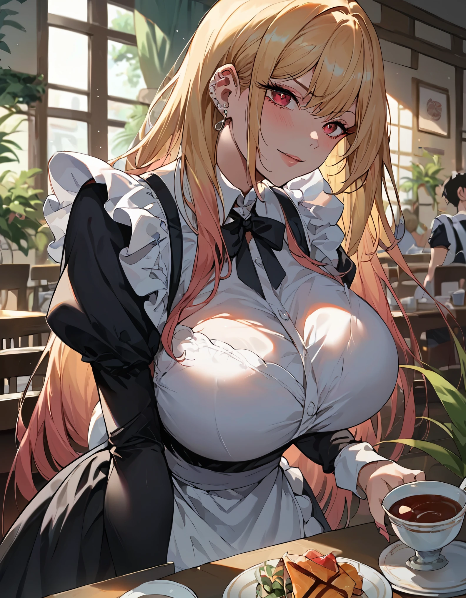 score_7_up, score_8_up, score_9, kitagawa_marin, sono_bisque_doll_wa_koi_wo_suru, 1girl, long blonde_hair, red_eyes, huge breasts, dressed in black maid costume, indoors in cafe