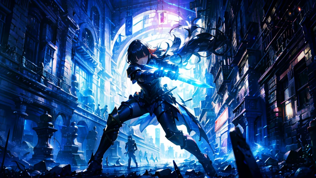 masterpiece, best quality, high quality, detailed, ultra detailed, hyper detailed, insanely detailed, exquisite, beautiful, FHD, Full-HD, 4K, 8K, 16K, highres, absurdres, ((1girl)), medium shot,mystic knight, serious look, sword fighting, covering one eye, black hair, red eyes, armor, long boots, with a sword, fantasy,hailoknight, holding sword, holding weapon