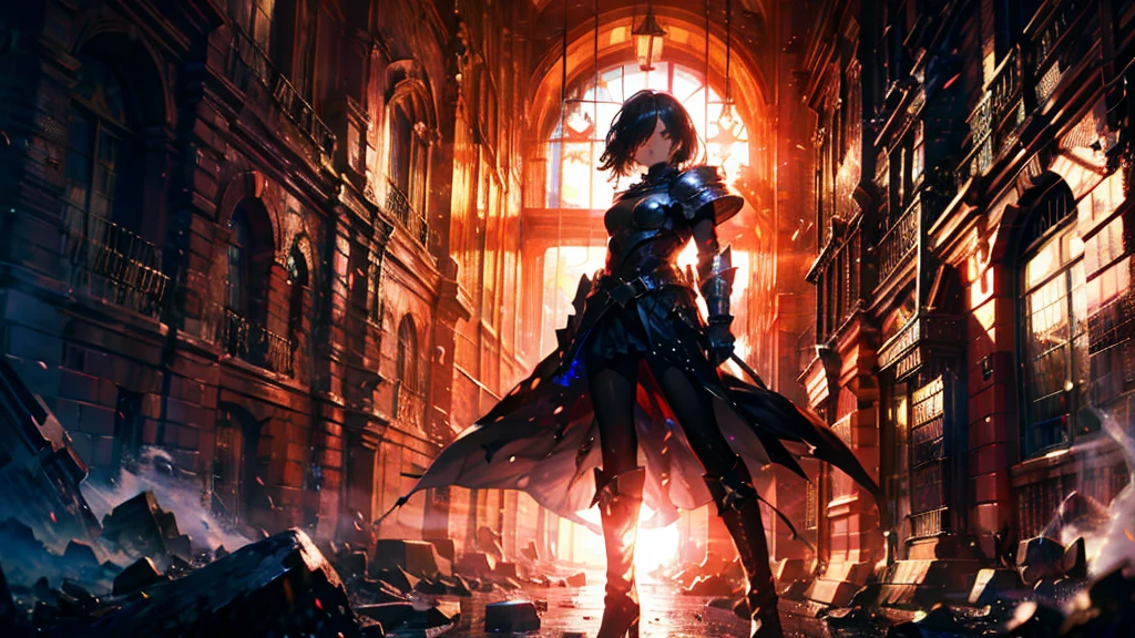 masterpiece, best quality, high quality, detailed, ultra detailed, hyper detailed, insanely detailed, exquisite, beautiful, FHD, Full-HD, 4K, 8K, 16K, highres, absurdres, ((1girl)), medium shot,mystic knight, serious look, sword fighting, covering one eye, black hair, red eyes, armor, long boots, with a sword, fantasy,hailoknight, holding sword, holding weapon