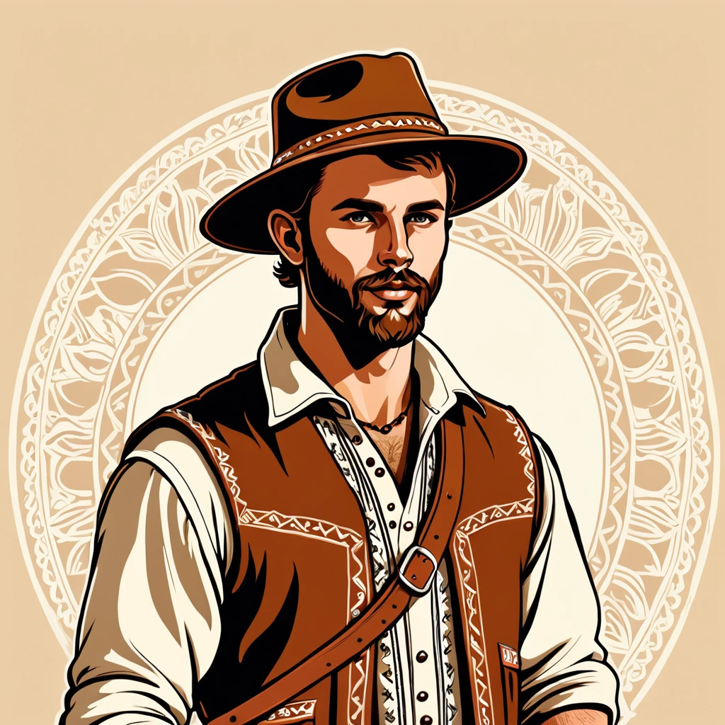 man in australian folk outfit, vector graphics, strong contours
