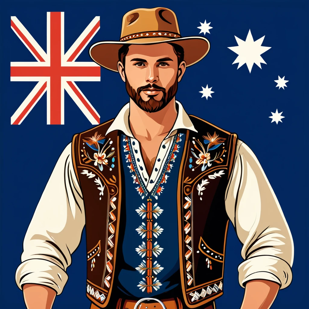 man in australian folk outfit, vector graphics, strong contours

