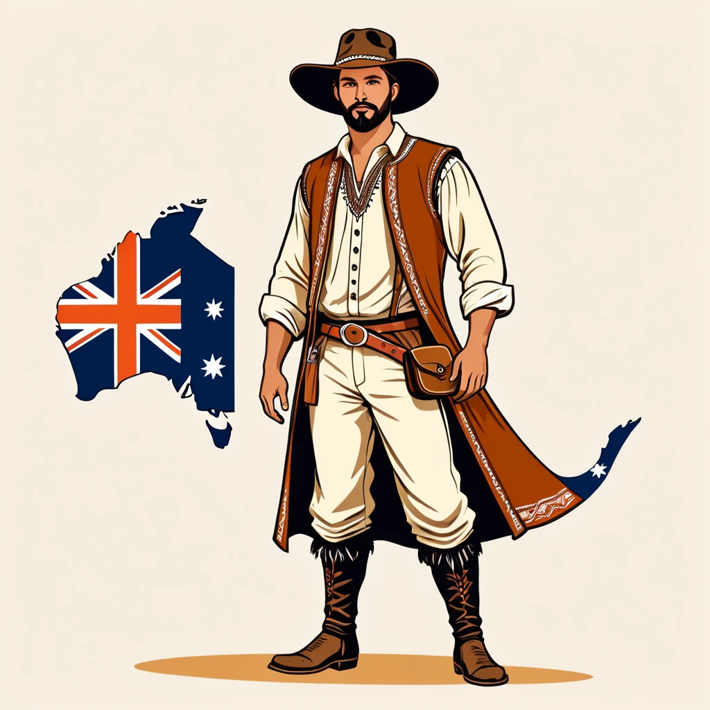 man in australian folk outfit, vector graphics, strong contours