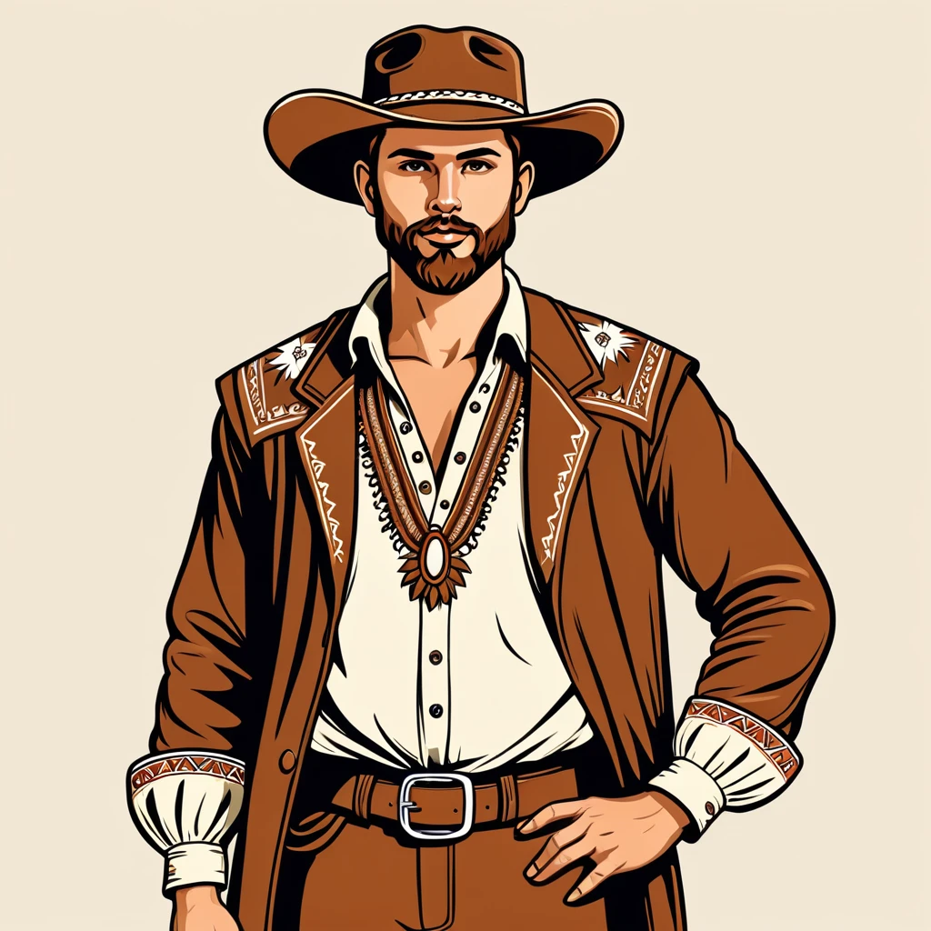 man in australian folk outfit, vector graphics, strong contours
