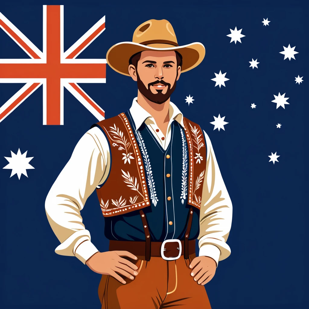 man in australian folk outfit, vector graphics, strong contours